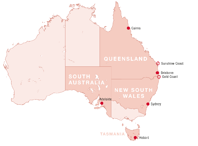 Karte von Australien mit Partnerschulen von MAP High School Year