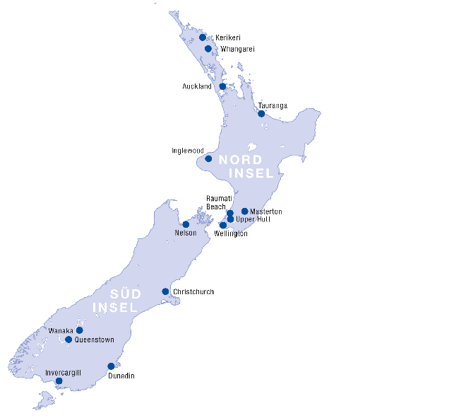 Karte von Neuseeland mit Partnerschulen von MAP High School Year